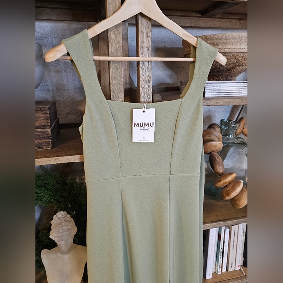 Mumu Paris Dress Formal Maxi Squareneck Side Slit Matching Sash Moss Green NWT - Picture 4 of 11